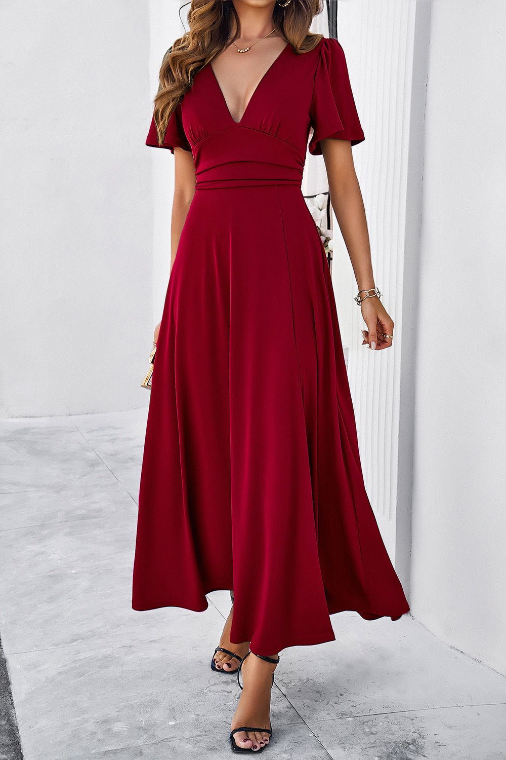 Slit V-Neck Short Sleeve Dress - store name